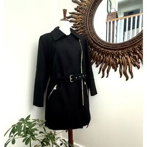 Michael Michael Kors Wool Blend Peacoat 0X Black Belted Moto Gold Zip Plus Size